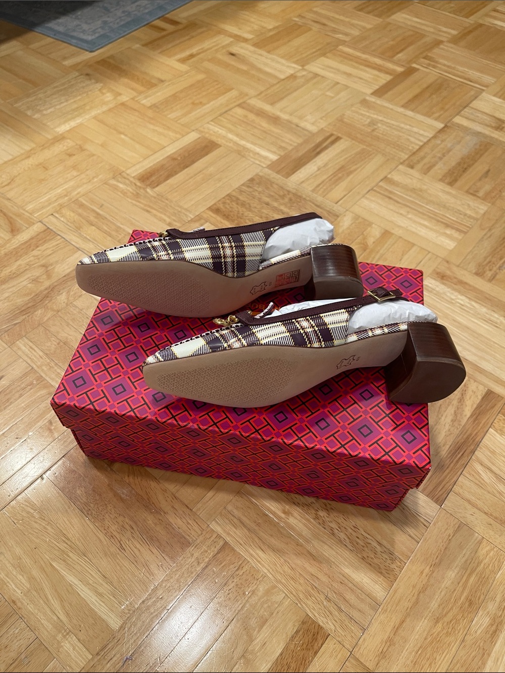 Women's Burgundy Plaid slingback loafer. - Picture 2 of 6